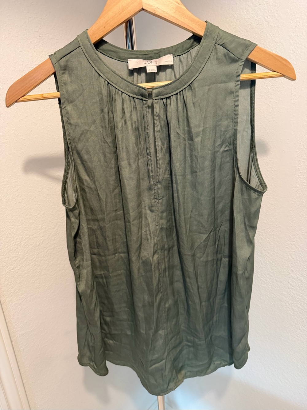 LOFT Olive Sleeveless Pleated Neckline